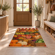 Farmers Market Stand rug in an entryway with a wooden door and bench
