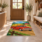 Red Pickup with Hay Bales rug in an entryway with a wooden door and bench