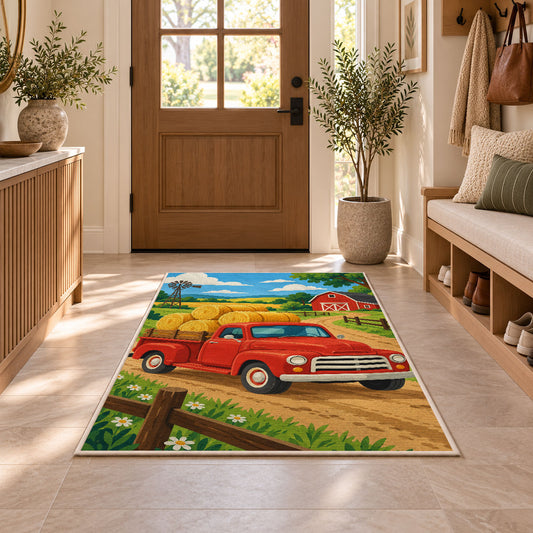 Red Pickup with Hay Bales rug in an entryway with a wooden door and bench