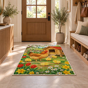 Spring Chicken Coop rug in an entryway with a wooden door and bench