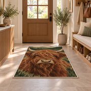 Highland Cow Close-Up rug in an entryway with a wooden door and bench