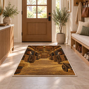 Horse Stable Barn Interior rug in an entryway with a wooden door and bench