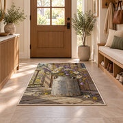 Milk Can with Wildflowers rug in an entryway with a wooden door and bench
