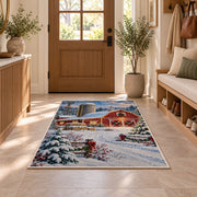 Snowy Farm at Christmas rug in an entryway with a wooden door and bench