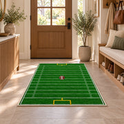 Football Field rug in an entryway with a wooden door and bench