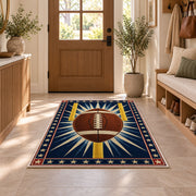 Starburst Football rug in an entryway with a wooden door and bench