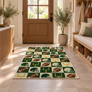 Checkered Football rug in an entryway with a wooden door and bench