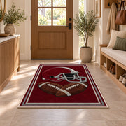 Football Helmet rug in an entryway with a wooden door and bench