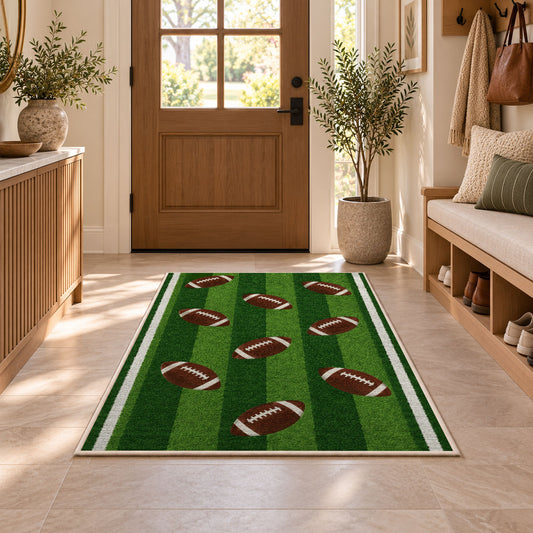 Football Turf Stripe rug in an entryway with a wooden door and bench