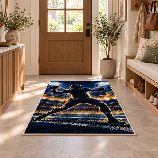 Quarterback Stadium Lights rug in an entryway with a wooden door and bench