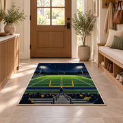 Friday Night Football rug in an entryway with a wooden door and bench