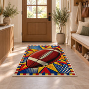 Pop Art Football rug in an entryway with a wooden door and bench