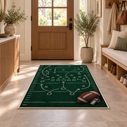 Football Playbook Chalkboard rug in an entryway with a wooden door and bench