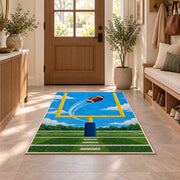 Field Goal Kick rug in an entryway with a wooden door and bench