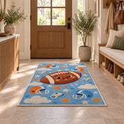 Cute Cartoon Football rug in an entryway with a wooden door and bench