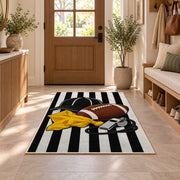 Football Referee rug in an entryway with a wooden door and bench