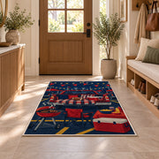 Football Tailgate Party rug in an entryway with a wooden door and bench