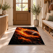 Flaming Football rug in an entryway with a wooden door and bench