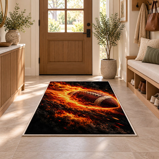 Flaming Football rug in an entryway with a wooden door and bench