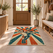 Retro Football Player rug in an entryway with a wooden door and bench