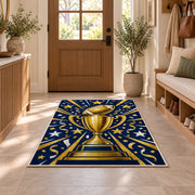 Football Championship Trophy rug in an entryway with a wooden door and bench