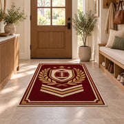 Varsity Football Emblem rug in an entryway with a wooden door and bench