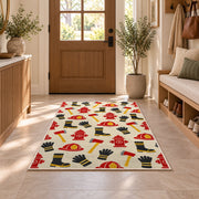 Firefighter Gear Pattern rug in an entryway with a wooden door and bench