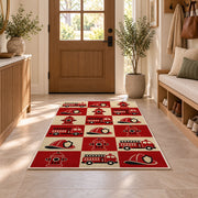 Retro Checkered Fire Truck rug in an entryway with a wooden door and bench