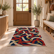 Fire Hose Pattern rug in an entryway with a wooden door and bench