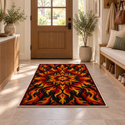 Flame Mandala rug in an entryway with a wooden door and bench