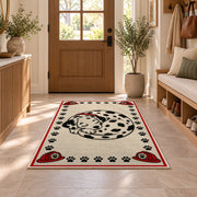 Sleeping Dalmatian rug in an entryway with a wooden door and bench