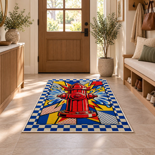 Pop Art Fire Hydrant rug in an entryway with a wooden door and bench