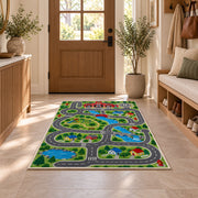 Fire Station Town Road rug in an entryway with a wooden door and bench