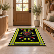 Reflective Stripe Fire Helmet rug in an entryway with a wooden door and bench