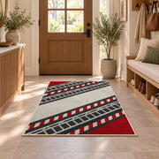 Fire Ladder Stripe rug in an entryway with a wooden door and bench