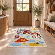 Cute Fire Truck and Dalmatian rug in an entryway with a wooden door and bench