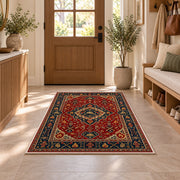 Persian Style Firefighter rug in an entryway with a wooden door and bench