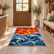 Fire and Water Waves rug in an entryway with a wooden door and bench