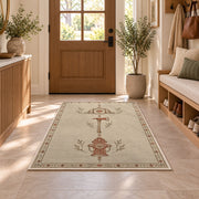 Minimalist Firefighter Line Art rug in an entryway with a wooden door and bench