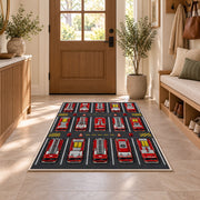 Fire Truck Parking Lot rug in an entryway with a wooden door and bench