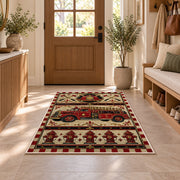 Vintage Fire Truck rug in an entryway with a wooden door and bench