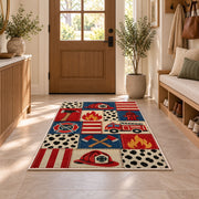 Firefighter Patchwork rug in an entryway with a wooden door and bench
