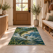 Leaping bass lake rug in an entryway with a wooden door and bench