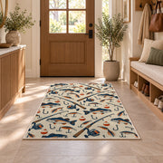 Fishing gear pattern rug in an entryway with a wooden door and bench