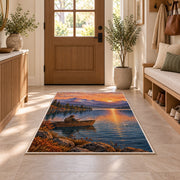 Sunrise fishing boat rug in an entryway with a wooden door and bench