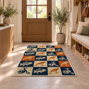 Retro fishing checkered rug in an entryway with a wooden door and bench