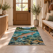 Rainbow trout stream rug in an entryway with a wooden door and bench