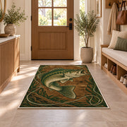 Woodcut bass rug in an entryway with a wooden door and bench