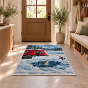 Ice fishing rug in an entryway with a wooden door and bench