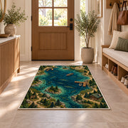 Fishing lake map rug in an entryway with a wooden door and bench